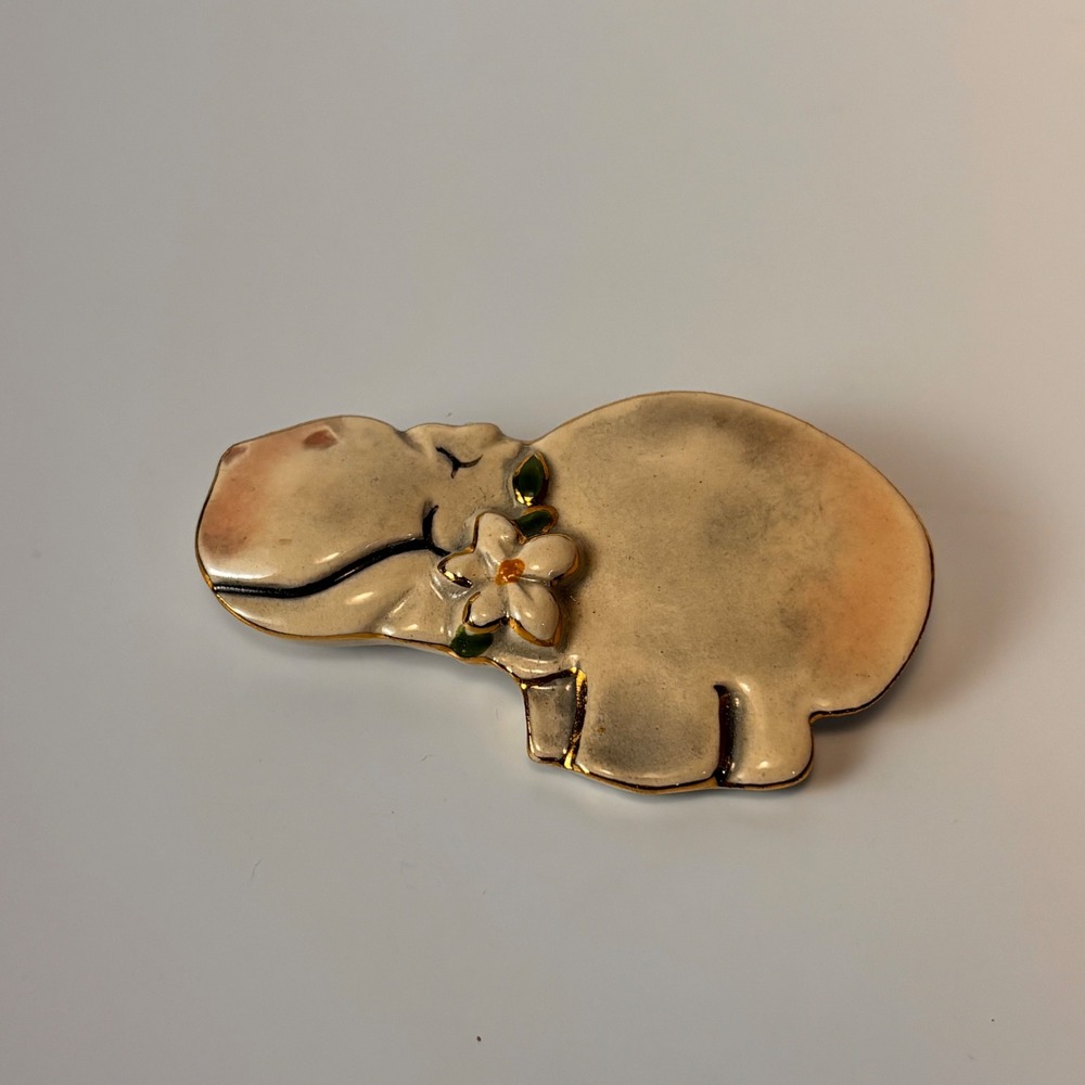 Vintage Hippo Brooch Pin Cream Hand Painted Porcelain Gold Trim Floral Statement